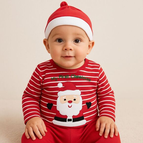 Little Me Other - NEW Little Me Boys 3 Months "My First Christmas" Santa Joggers 3 Pc Set With Hat